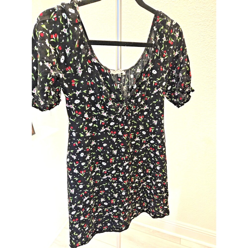 Dream Ofie L Floral Mini Dress Womens Puff Sleeve Sweetheart Neck Black Summer